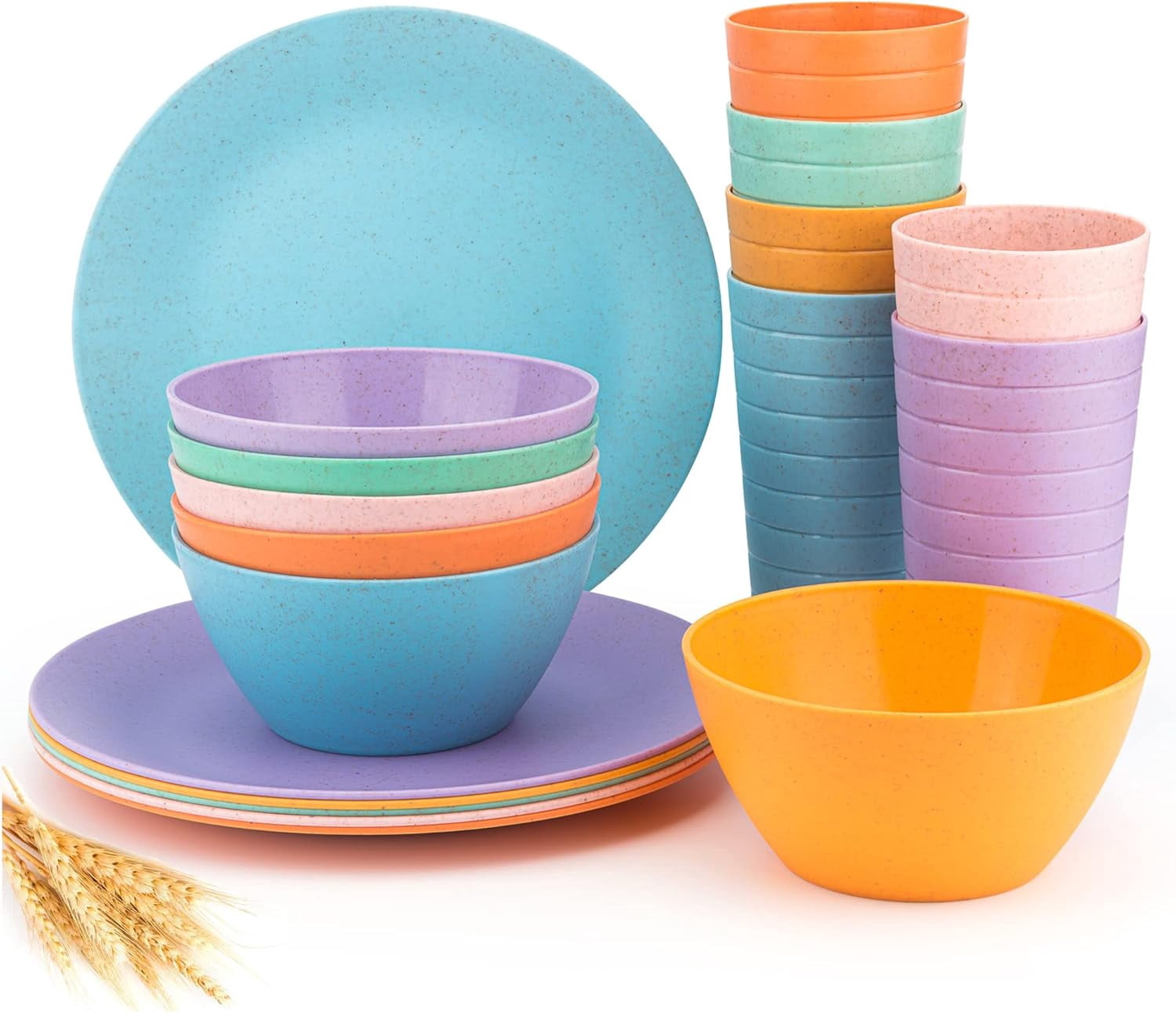 Straw Tableware 18-Piece Wheat Straw Dinnerware Set | 6-Color Unbreakable Tumblers ...