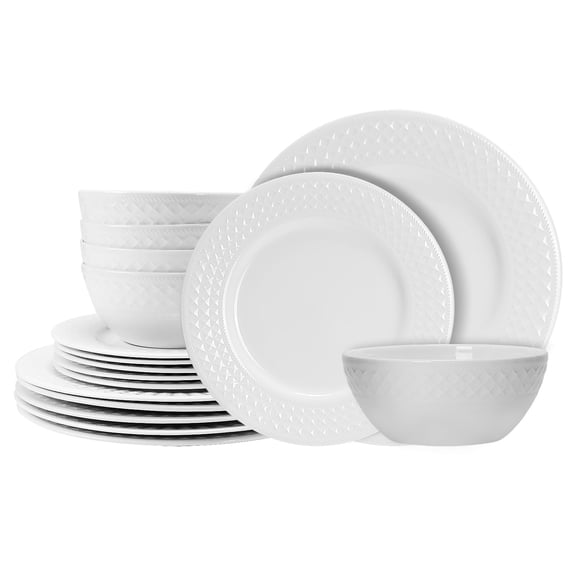 18-Piece White Bone China Dinnerware Set for 6, Embossed Textured Design, Durable Yet Lightweight, Microwave and Dishwasher Friendly