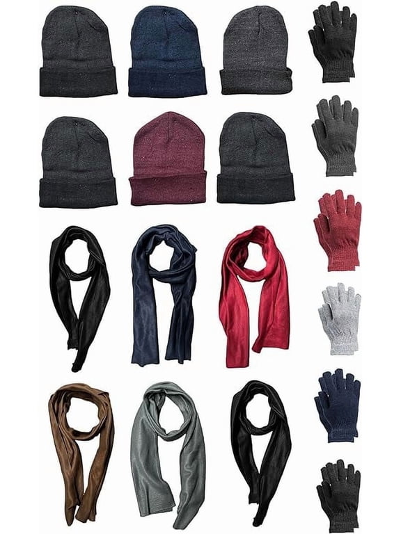 18 Piece Winter Set - Hats Gloves Scarves, For Men & Women, Bulk Cold Weather Kits