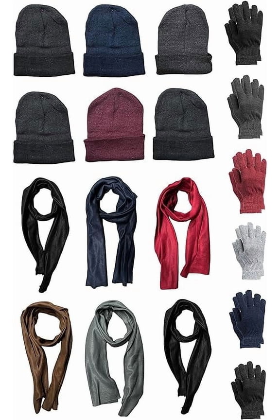 18 Piece Winter Set - Hats Gloves Scarves, For Men & Women, Bulk Cold Weather Kits