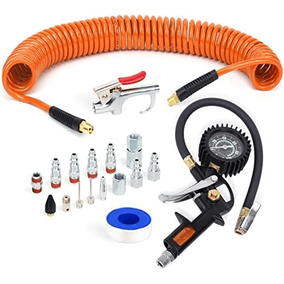 18 Pieces Air Compressor Accessories kit, 1/4 inch x 25 ft  Poly Air Compressor Hose Kit, 1/4" NPT Quick  Air Fittings, 100 PSI Tire Inflator Gauge, Heavy Duty Blow Gun