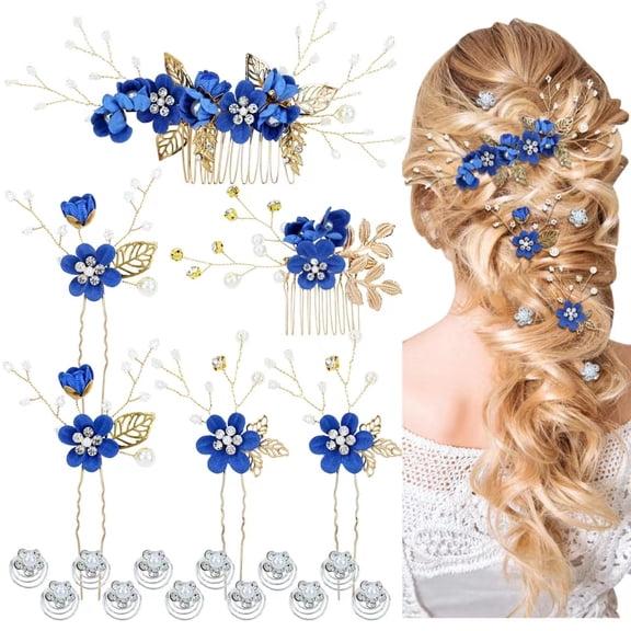 18 Pieces Bridal Wedding Party Prom Pearl Rhinestone Royal Blue Flower Hair Side Combs Slides U-shaped Flower Hair Pins Twist Spiral Hairpins Floral Headpieces for Brides Bridesmaids Women Girs