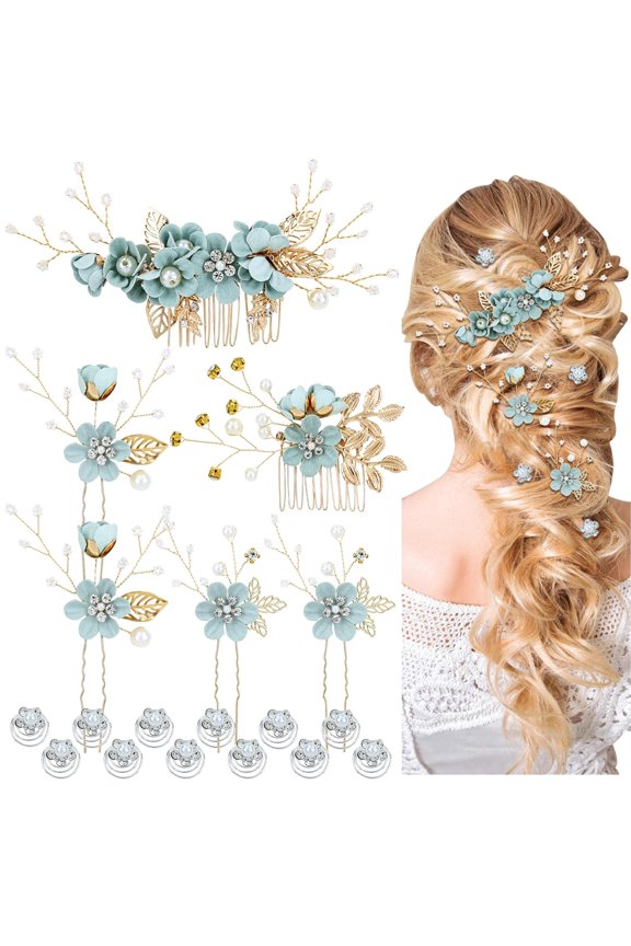 18 Pieces Bridal Wedding Party Prom Pearl Rhinestone Royal Blue Flower Hair Side Combs Slides+U-shaped Flower Hair Pins+Twist Spiral Hairpins Floral Headpieces for Brides Bridesmaids Women Girs