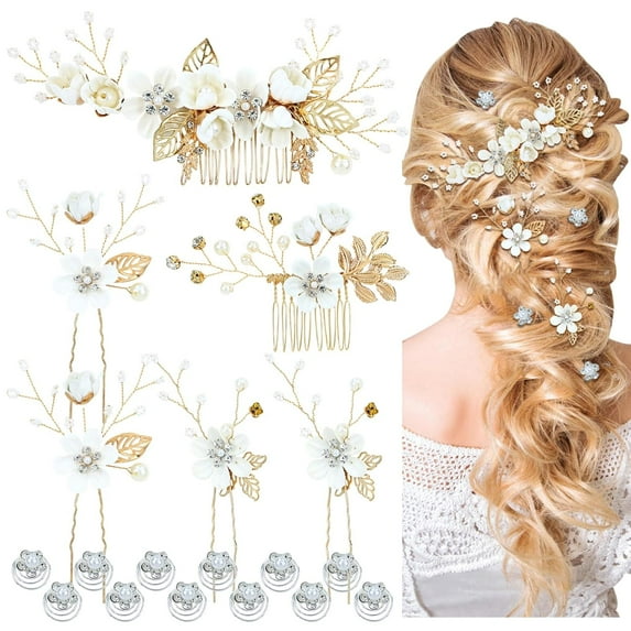 18 Pieces Bridal Wedding Party Prom Pearl Rhinestone Royal Blue Flower Hair Side Combs Slides+U-shaped Flower Hair Pins+Twist Spiral Hairpins Floral Headpieces for Brides Bridesmaids Women Girs