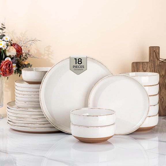 18 Pieces Ceramic Dinnerware Sets for 6, Handpainted Stoneware Plates and Bowls Set with Rustic Terracotta Underside, Scratch Resistant Dishes Set, Dishwasher & Microwave Safe