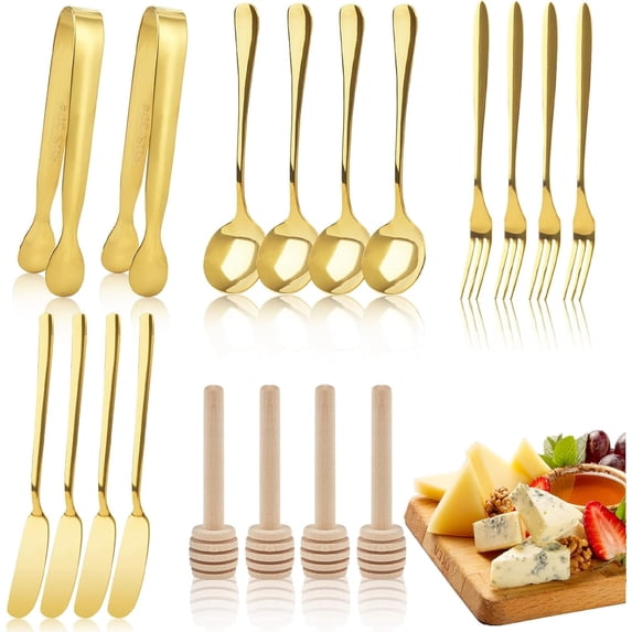 18 Pieces Charcuterie Board Accessories Stainless Steel Cheese Butter Spreader Knives Set Include Mini Serving Tongs, Knives, Spoons, Forks, Honey Dippers for Party Wedding