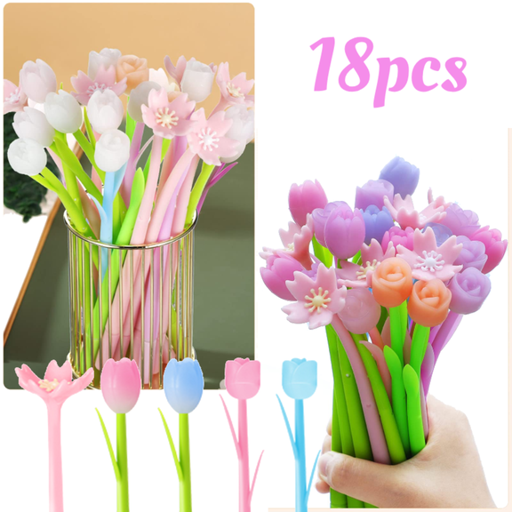 18 Pieces Color Changing Flower Pens Colorful Gel Ink Ballpoint Rose Pens for Home Office Presents(Cherry Blossom Tulip Calla Lily Style)