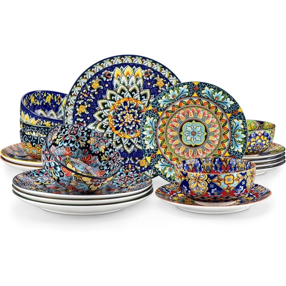 18 Pieces Dinnerware Sets, Plates and Bowls Set, Porcelain Dishes Set for 6, Microwave and Dishwasher Safe, Scratch Resistant, Bohemian Style Dining Ware Service for 6, Series SIMI