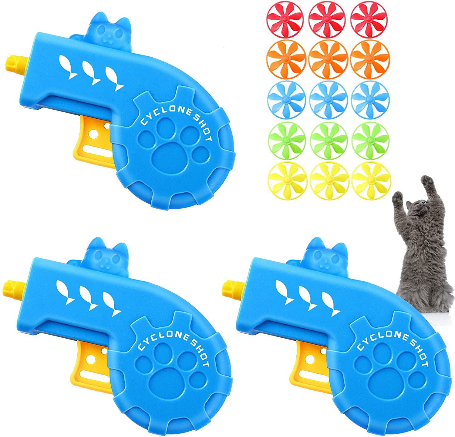 18 Pieces Interactive Cat Fetch Tracking Toys With 5 Colors Flying Propellers for Indoor Pet Kitty Training Chasing (Blue Cat Theme Design)