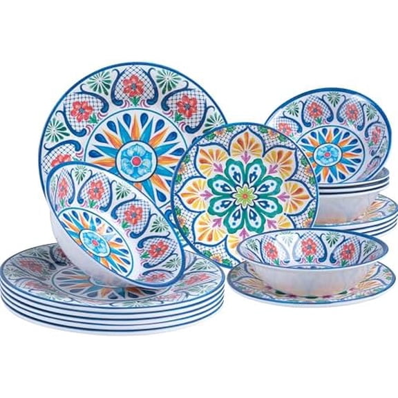 18 Pieces Melamine Dinnerware Sets, Service for 6, Paisley Kitchen Plates and Bowls Set, Unbreakable & Lightweight Dinnerware Set, Camping Dishs Indoor Outdoor Use, Spanish Floral Pattern