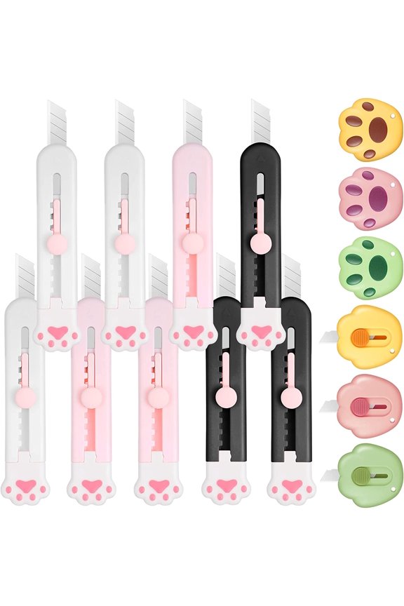18 Pieces Mini Retractable Utility Knife Kawaii Paw Box Cutter Small Portable Lovely Knife Letter Opener Slide Open with Keychain Hole Razor for Box Envelope