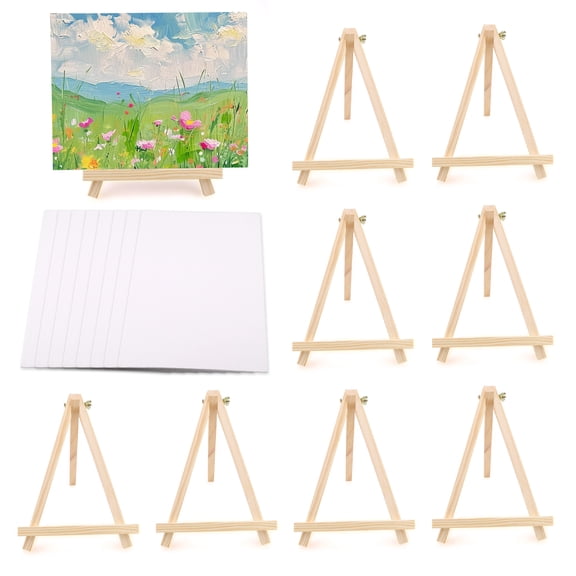 18 Pieces Painting Canvas Board and Easel Set, 7.8" x 9.8" Blank Art Canvases with Wooden Stand, Painting Panels Paint Easel Kit for Beginner Acrylic Oil Watercolor Crafts Classroom