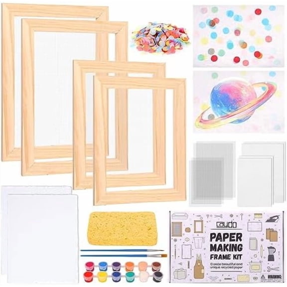 18 Pieces Paper Making Kit, A5 A6 Size Wooden Papermaking Mould and Deckle with Mesh, Absorbent Papers Pulp Sheet Sponge Paints & Confetti, DIY Paper Making Screen Kit for Papers Craft Supplies