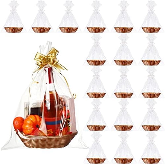 18 Pieces Plastic Baskets for Gifts Empty Oval Basket with 20 Clear Bags Woven Empty Basket Food Storage Basket Gift Baskets for Thanksgiving Party Gift Food Serving Storage Display