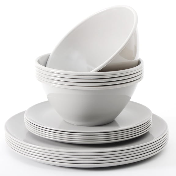 18 Pieces Plastic Kitchen Dinnerware Set, Plates (8 Inch & 10 Inch), Bowls (32OZ), Service for 6 - Light Grey E393.372