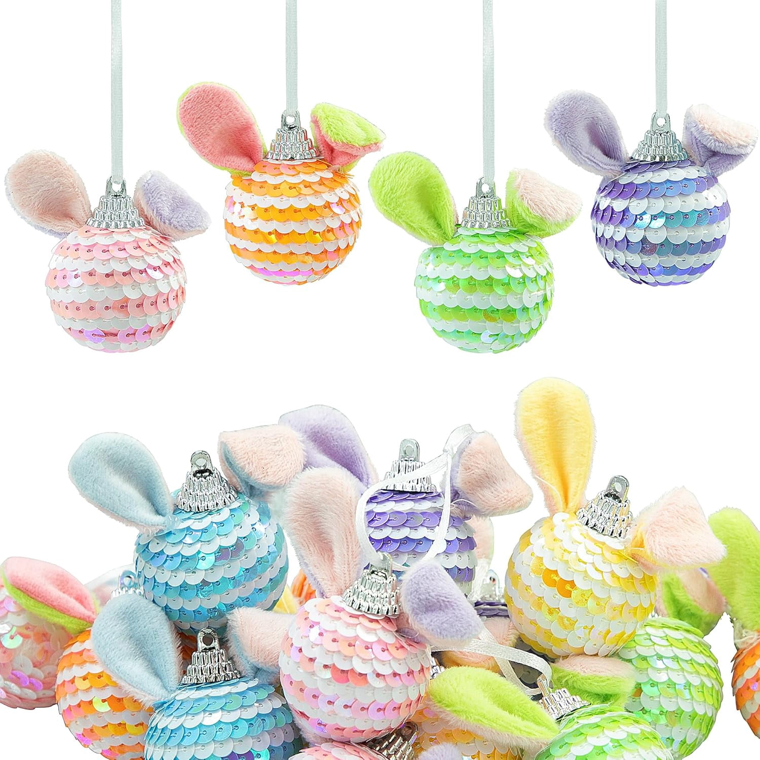 18 Pieces Sequin Ball Bunny Ears Easter Ornaments, 1.5 Inch Glitter ...