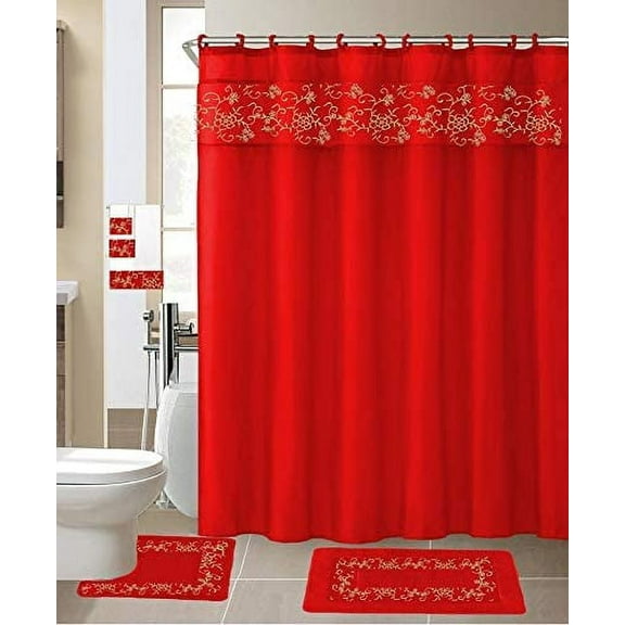 18 Pieces Shower Curtain with Matching Fabric Hook, Embroidery Bath Mat,Contour Rug and Towel Set