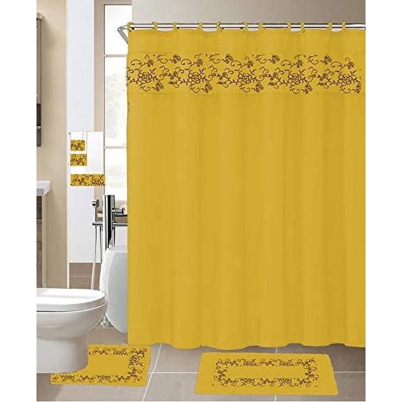 18 Pieces Shower Curtain with Matching Fabric Hook, Embroidery Bath Mat ...