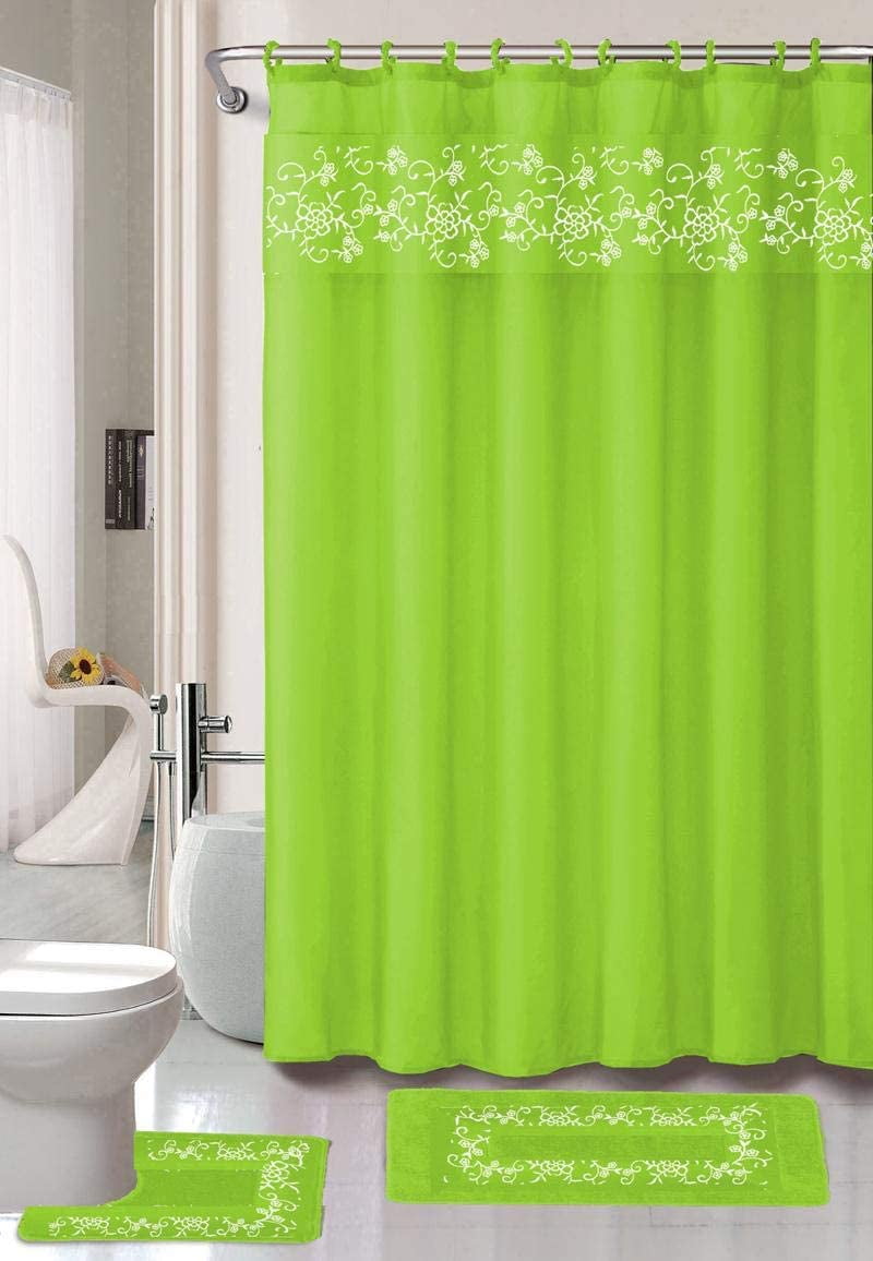 18 Pieces Shower Curtain with Matching Fabric Hook, Embroidery Bath Mat ...
