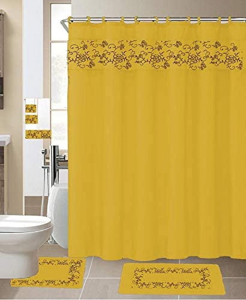 18 Pieces Shower Curtain with Matching Fabric Hook Embroidery Mat Contour Rug and Towel Set