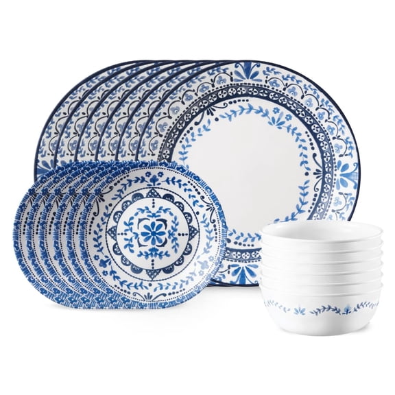 18 Pieces Triple Layer Vitrelle Glass Dinnerware Set Service for 6, Seaside Tile Pattern Chip Resistant Lightweight Plates Bowls, Stackable Dishwasher Microwave Safe with