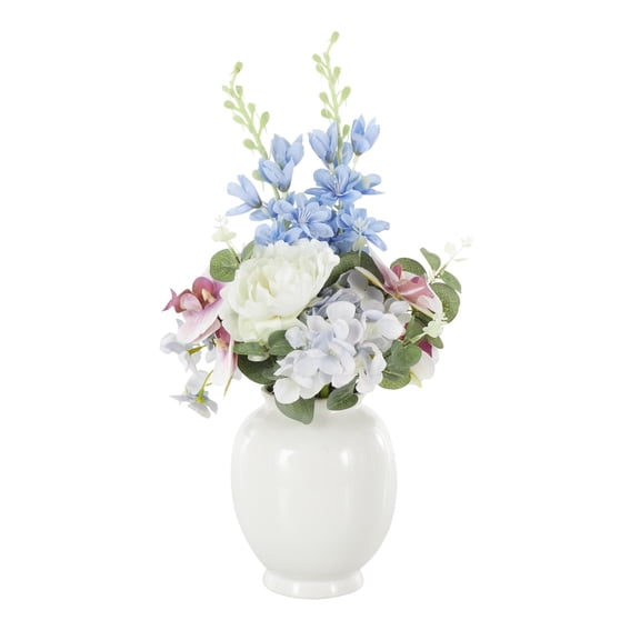 18" Plastic Hydrangea and Pom Pom Artificial Flower in Green Leaves and Round Ceramic Vase, by DecMode