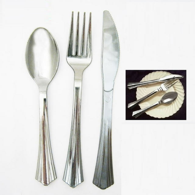 18 Plastic Cutlery Silver Forks Knives Spoons Party Tableware