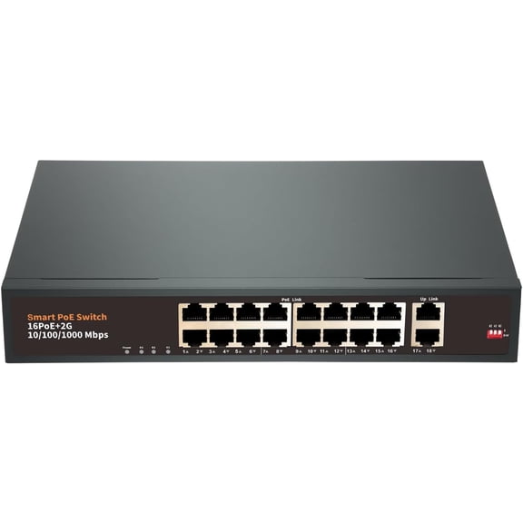 18 Port PoE Switch with 16 POE+ Port, and 2 Gigabit Uplink Port, IEEE802.3af/at Compliant, Up to 250W, 250m Extended, Metal Design, Unmanaged Power Over Ethernet Switch, Plug and Play