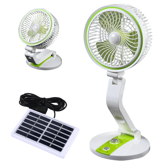 18" Portable Solar Power Fan with LED Light, Rechargeable USB Adjustable Desk Fan for Camping Outdoor Travel Home Office RV