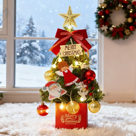 18" Pre-Lit Artificial Tabletop Christmas Tree with LED Lights, Includes Santa, Angel, Balls, Berry Ornaments & Star Topper, Battery-Operated Mini Xmas Tree for Indoor Holiday Home Décor
