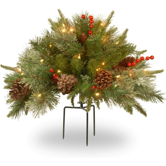 18 in Pre-Lit Colonial Fir Artificial Christmas Urn Filler, Christmas Decoration with Pinecones, Red Berries, 35 Clear LED Lights, 167 Tips, Timer, Tripod Stake, Green