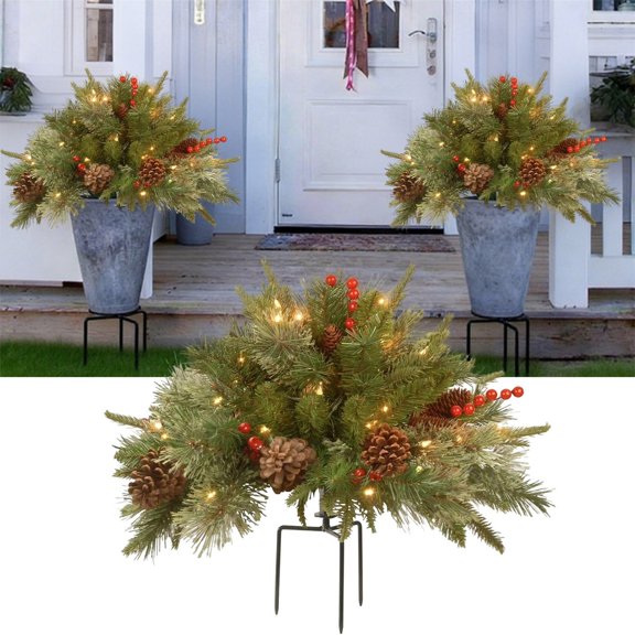 18 in Pre-Lit Colonial Fir Artificial Christmas Urn Filler, Christmas Decorations with Pinecones, Red Berries, Battery Operated LED Lights, Timer, Tripod Stake, Green