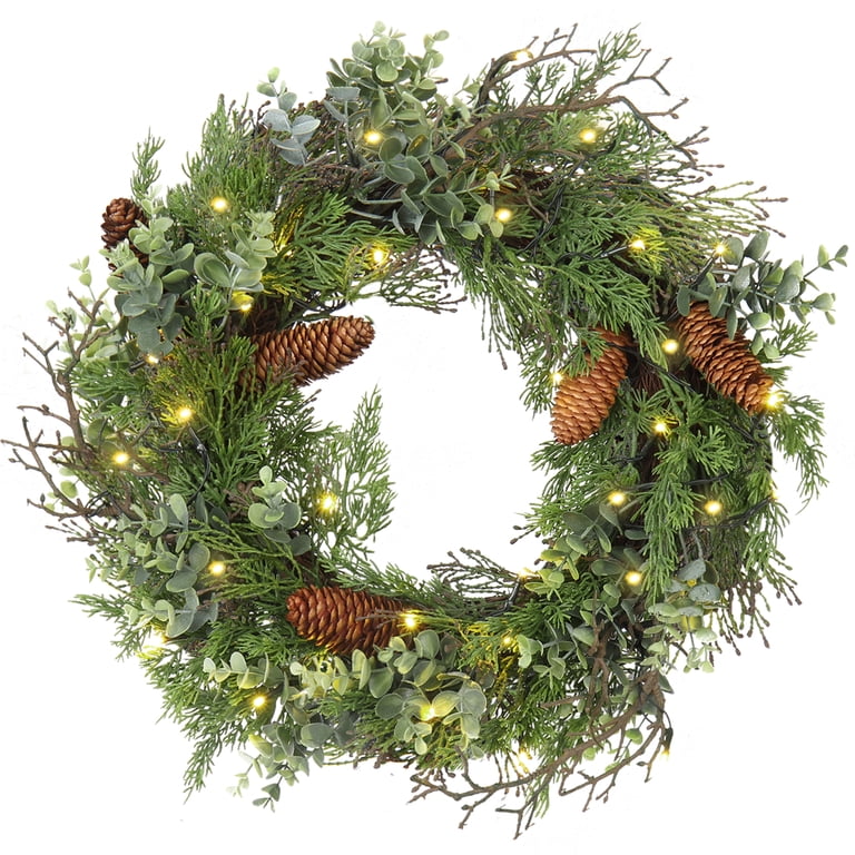 18-Inch Lighted Christmas Wreath - Battery Powered Outdoor Door Decor With Pine Cones & Berries