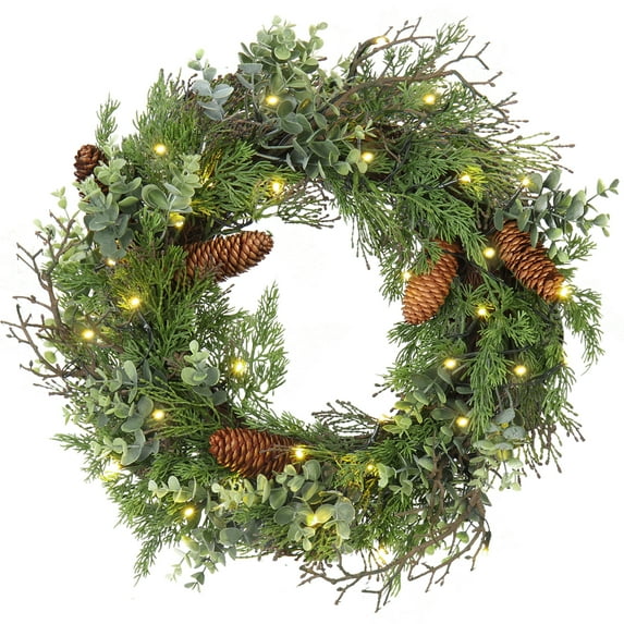 18" Pre lit Christmas Front Door Wreath Ornament Artificial Pine Berry Clusters Green Christmas Wreath with LED Lights Indoor Outdoor Decorations