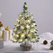 18 Pre-lit Mini Christmas Tree, Snowy Small Xmas Tree with LED Lights, Wood Base Flocked Artificial Lighted Tabletop Christmas Tree for Home Office Desktop Decor