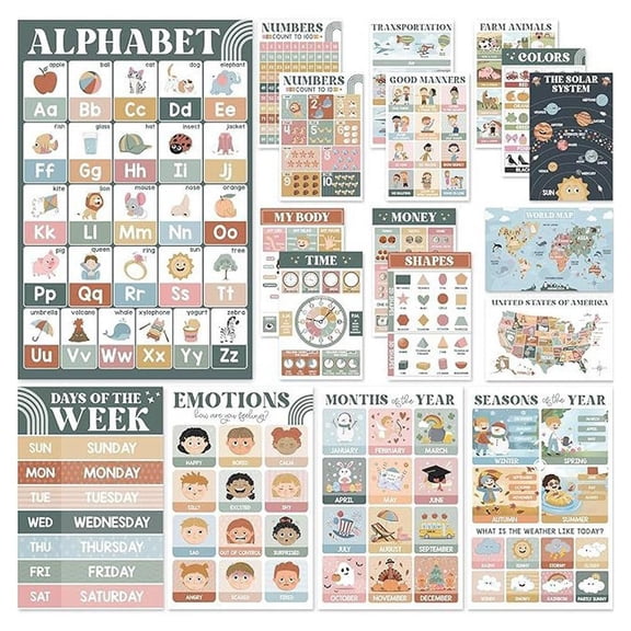 18 Preschool Educational Posters for Kindergarten Learning Charts, Laminated Cardstock Wall Decor
