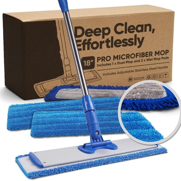 18 Pro Microfiber Hardwood Floor Mop - Cleans Floor in Seconds | Dust & Wet Mopping | Hardwood, Tile, Laminate & Vinyl with 3 Washable Pads, No Buckets Needed with Deluxe Household Mop