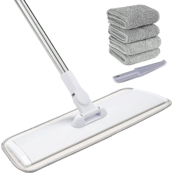 18" Professional Microfiber Mop Floor Cleaning System, Flat Mops with Stainless Handle, 4 Washable Mop Pads, Wet and Dust Mopping for Hardwood, , Laminate, Tile Cleaning (White)