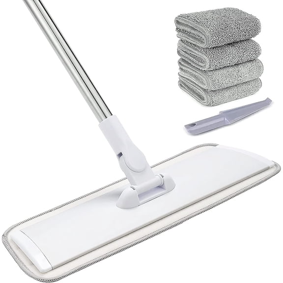 18" Professional Microfiber Mop Floor Cleaning System, Flat Mops with Stainless Steel Handle, 4 Washable Mop Pads, Wet and Dust Mopping for Hardwood, Vinyl, Laminate, Tile Cleaning (White)