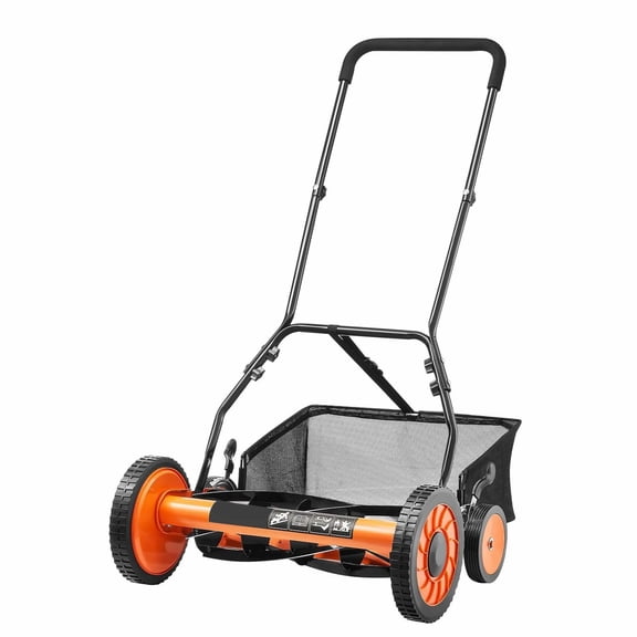 18" Push Reel Lawn Mower, 5-Blade Manual Grass Mower, Adjustable Height, 4 Wheels & Grass Catcher for Small Yards