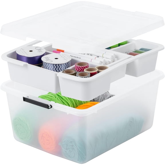 18 QT Clear Storage Organizer with Removable Dividers, Stackable Plastic Storage Box with Lid, Modular Container for Crafts, Tools, Office & Pantry Organization
