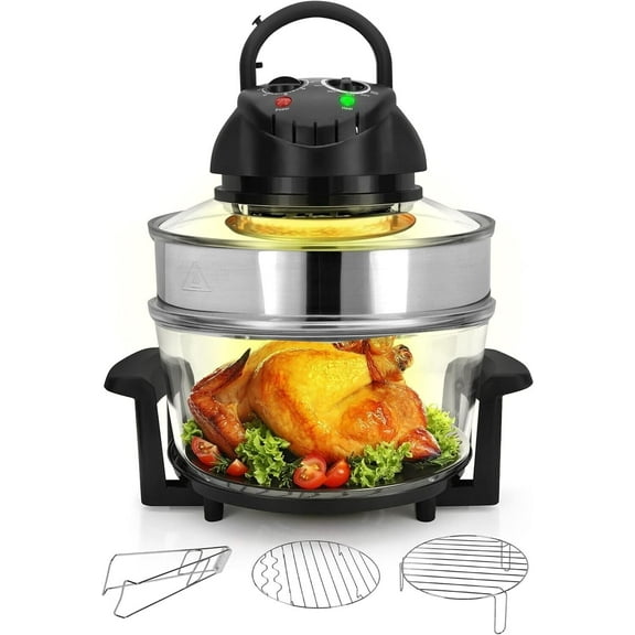 18 Quart Convection Countertop Air Fryer - See through Glass for Best Cooking Results - Air Fryer, Roaster, Bake, Grill, Steam & Roast - Includes Glass Bowl, Broil Rack & Toasting Rack