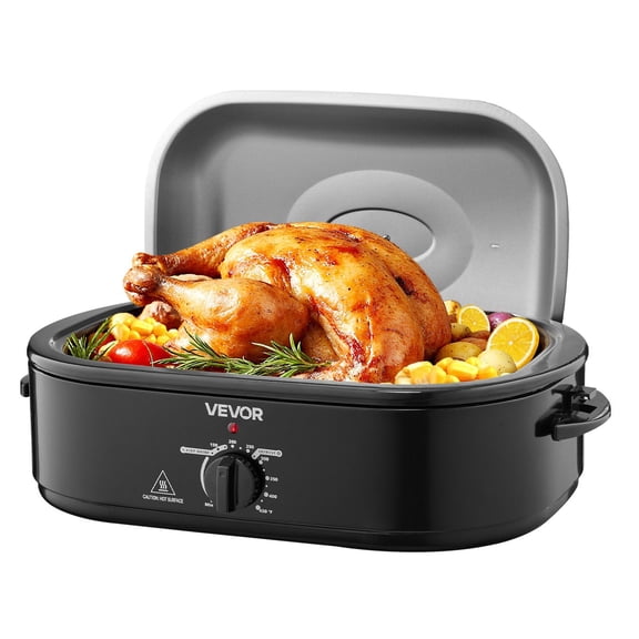 18 Quart Quick Cook Turkey Oven Electric Roaster with Automatic Juicing Lid Adjustable Temperature 150 to 450F Removable Baking Pan and Rack Defrost Keep Warm Functions