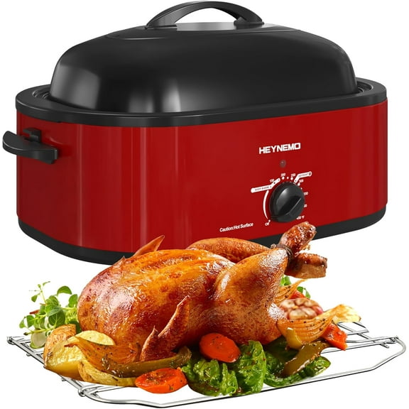 18 Quart Roaster Oven with Self-Basting Lid, Large Electric Turkey Roaster Oven with Defrost & Warm Function, Adjustable Temperature, Removable Pan & Rack, Stainless Steel, Red