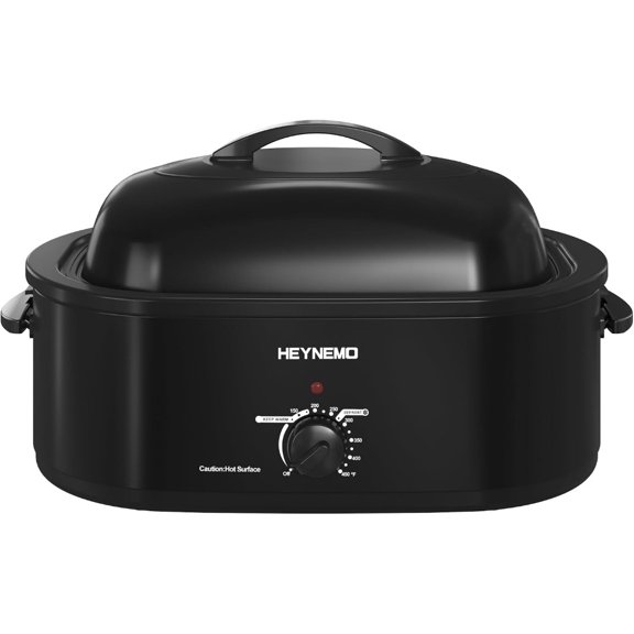 18 Quart Roaster Oven for turkey roasting, stainless steel body in black with self-basting lid, defrost warm functions, adjustable temperature, removable pan rack
