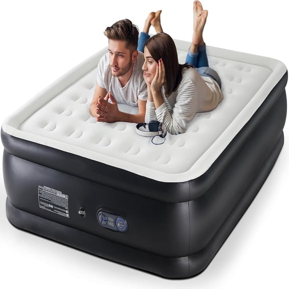 TINKLE WELL 18" Queen Size Air Mattress with Built-in Pump Waterproof Inflatable Bed Portable Blow-Up Airbed for Home Camping and Guest Use