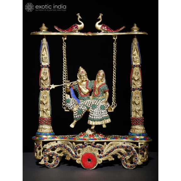 18" Radha - Krishna on Swing | Brass Statue with Inlay Work