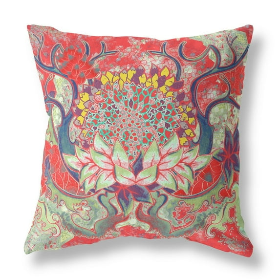 18" Red Green Flower Bloom Suede Throw Pillow