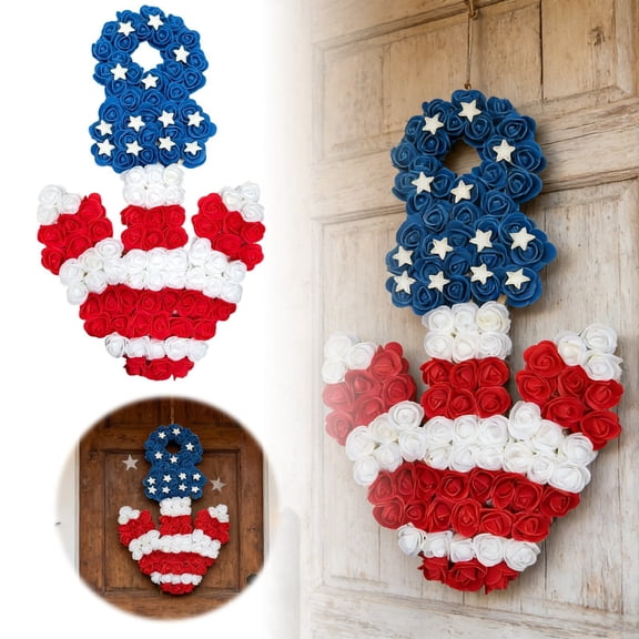18" Red White and Blue Foam Roses Anchor Patriotic Wreath for Front Door 4th of July Decorations Artificial Rose American Flag Wreath for USA 250th Anniversary Independence Day Party Home Decor