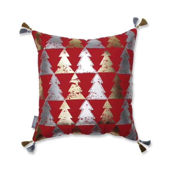 18" Red and Gold Tree Farm Christmas Square Throw Pillow